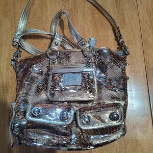 Coach Poppy Sequin Spotlight Hand Bag Shoulder Bag Gold Used